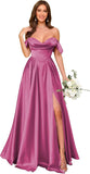 Off Shoulder Satin Bridesmaid Dresses Long Pleated Formal Dresses A Line Evening Gowns with Slit