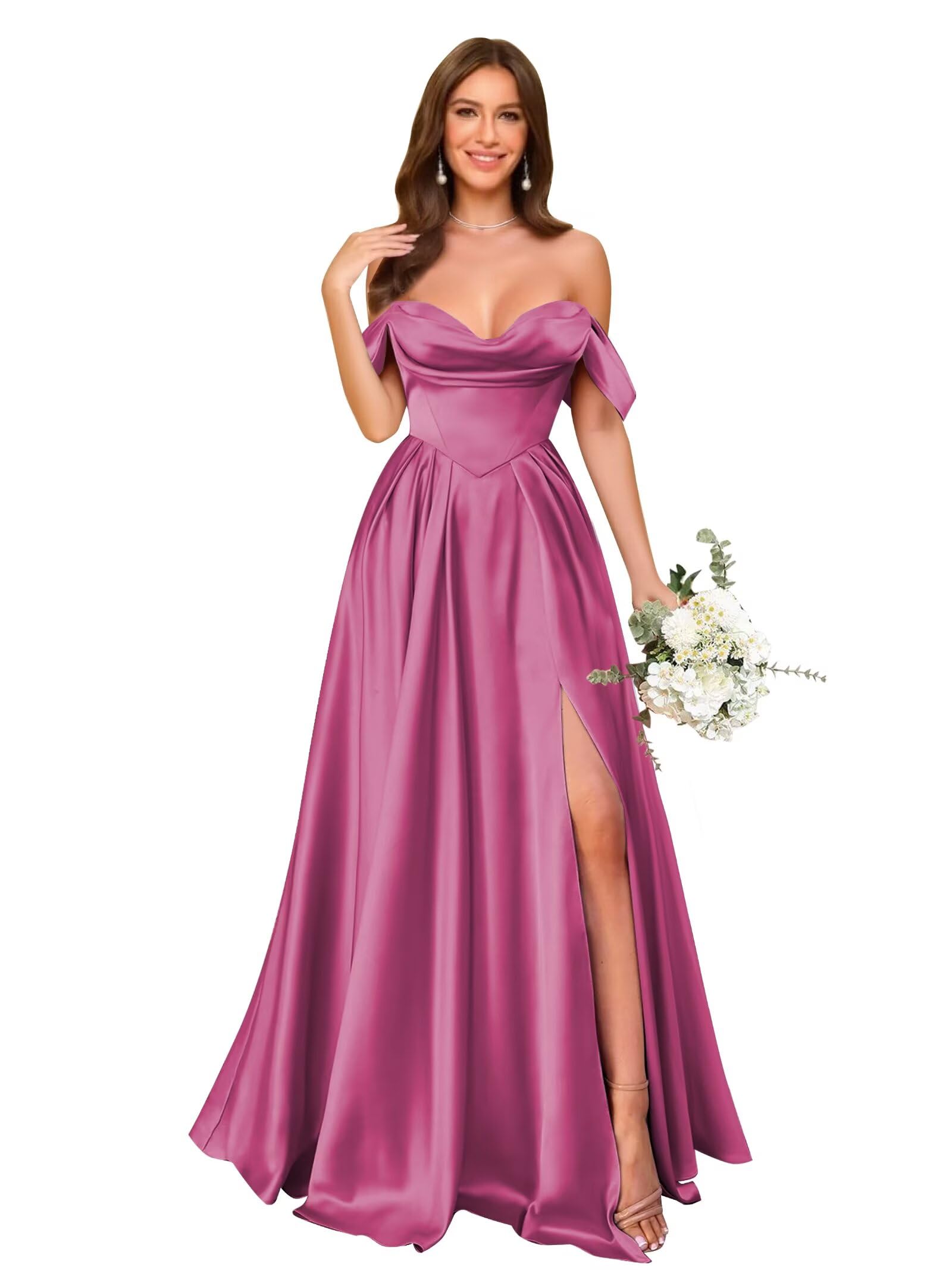 Off Shoulder Satin Bridesmaid Dresses Long Pleated Formal Dresses A Line Evening Gowns with Slit