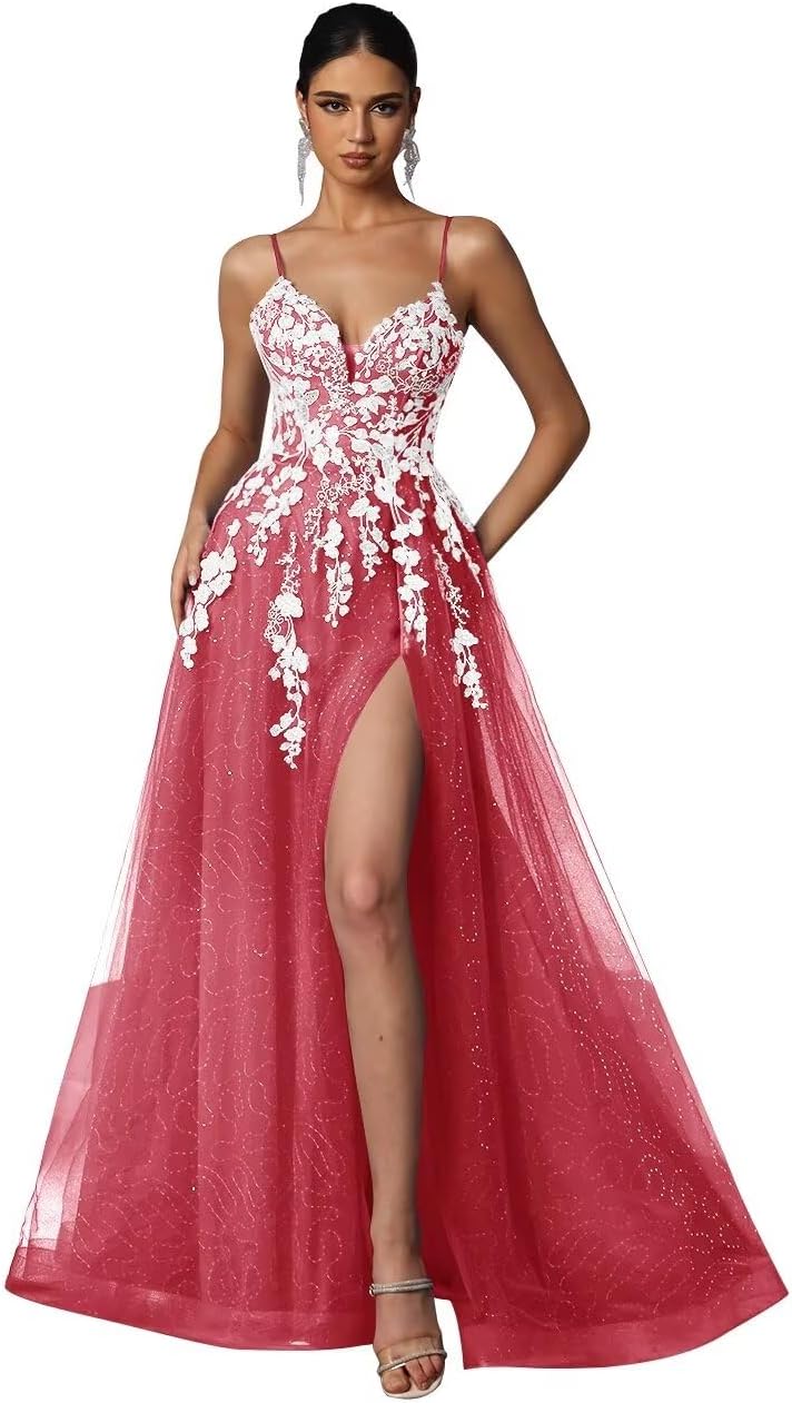Tulle Prom Dresses 2027 Puffy Ball Gown for Women Formal V Neck Lace Appliques Evening Gown with Slit Long Homecoming Dress
