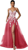 Tulle Prom Dresses 2027 Puffy Ball Gown for Women Formal V Neck Lace Appliques Evening Gown with Slit Long Homecoming Dress