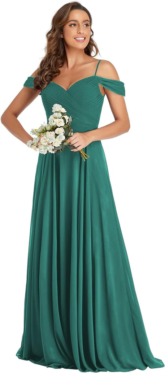 Schulterfreies Chiffon-Brautjungfernkleid mit langen Spaghettiträgern, A-Linie, formelles Partykleid