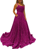Kingbridal Gowns Spaghetti Straps Prom Dresses Long for Women 2026 A Line Sequin Satin Formal Evening Party Ball Gowns with Slit