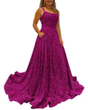 Kingbridal Gowns Spaghetti Straps Prom Dresses Long for Women 2026 A Line Sequin Satin Formal Evening Party Ball Gowns with Slit