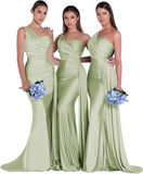 Women's One Shoulder Mermaid Bridesmaid Dresses Long Ruched Bodycon Satin Formal Prom Gowns