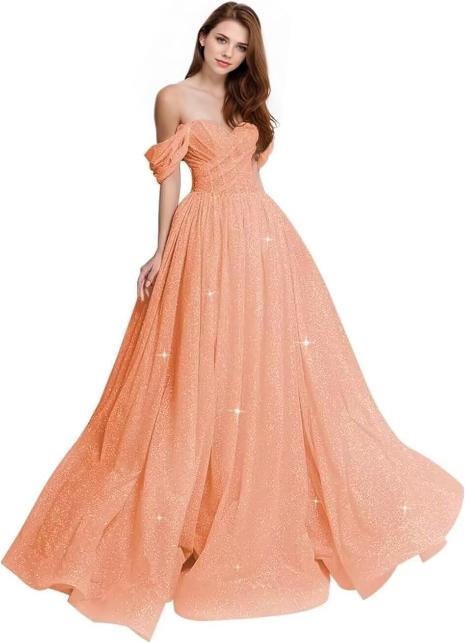 Sparkly Tulle Prom Dress 2026 Off The Shoulder Formal Dresses for Women Glitter A Line Long Ball Gown