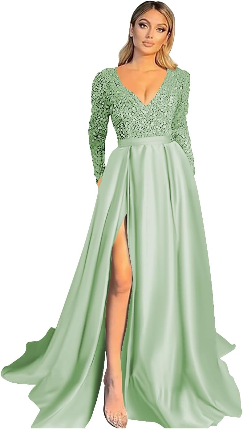 Vestido de fiesta de satén con lentejuelas brillantes para mujer, con bolsillos, manga larga y abertura. 