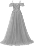 Off Shoulder Tulle Ball Gowns for Women Lace Appliques Beaded Prom Dress Sparkly Long A-line Evening Gowns
