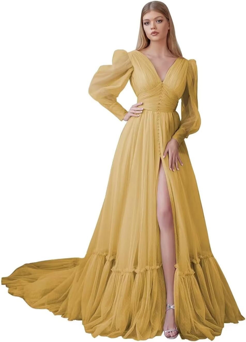 Puffy Sleeve Tulle Prom Dresses Long Ball Gown with Slit for Women 2027 V Neck Long Formal Evening Gowns