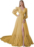 Puffy Sleeve Tulle Prom Dresses Long Ball Gown with Slit for Women 2027 V Neck Long Formal Evening Gowns