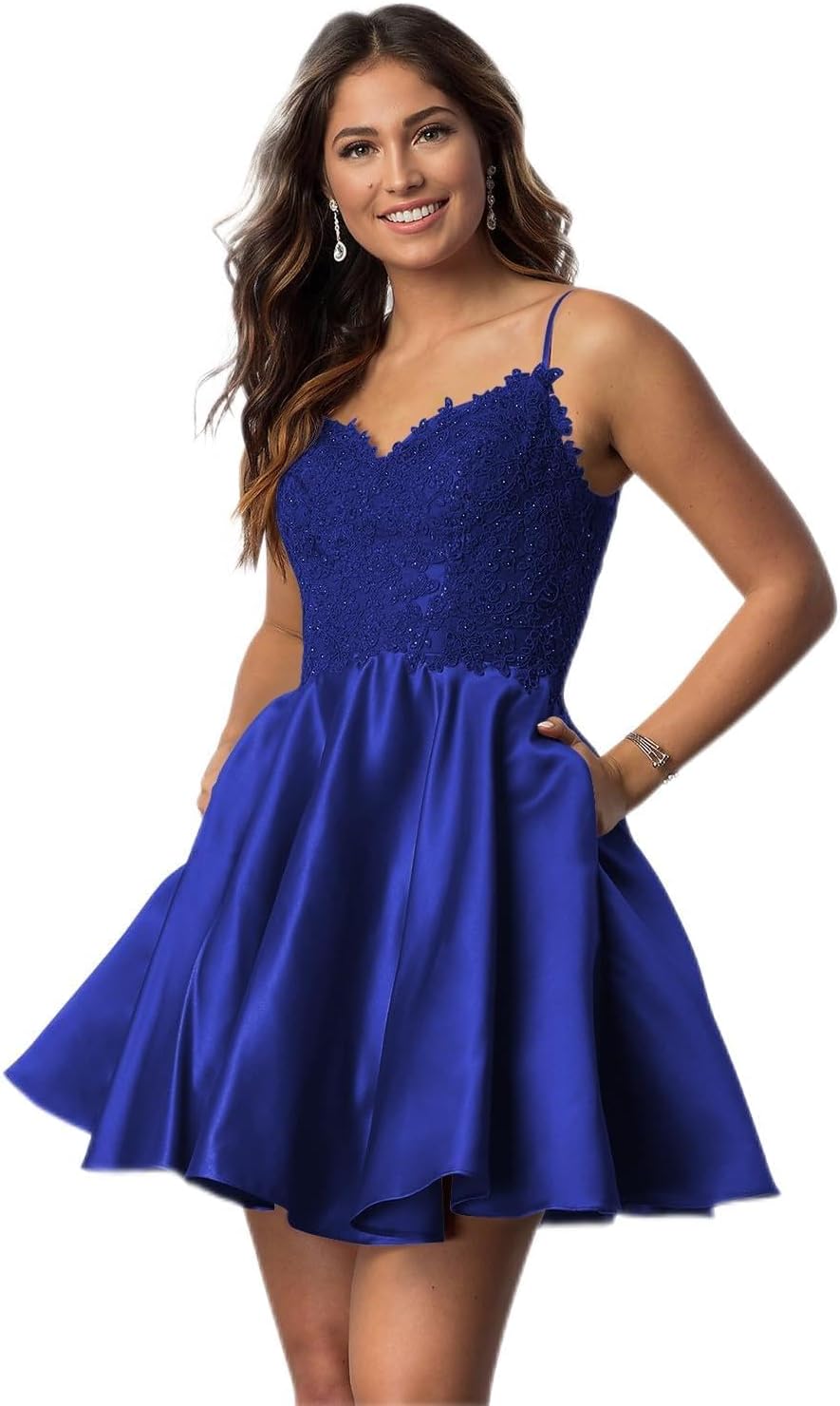 Vestidos cortos de fiesta con tirantes finos para jóvenes, con encaje, escote en V y bolsillos.