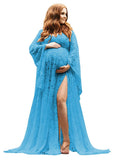 Women's Lace Maternity Dress for Photoshoot Long Puffy Sleeves V Neck Boho Pregnancy Gown for Baby Shower with Slit