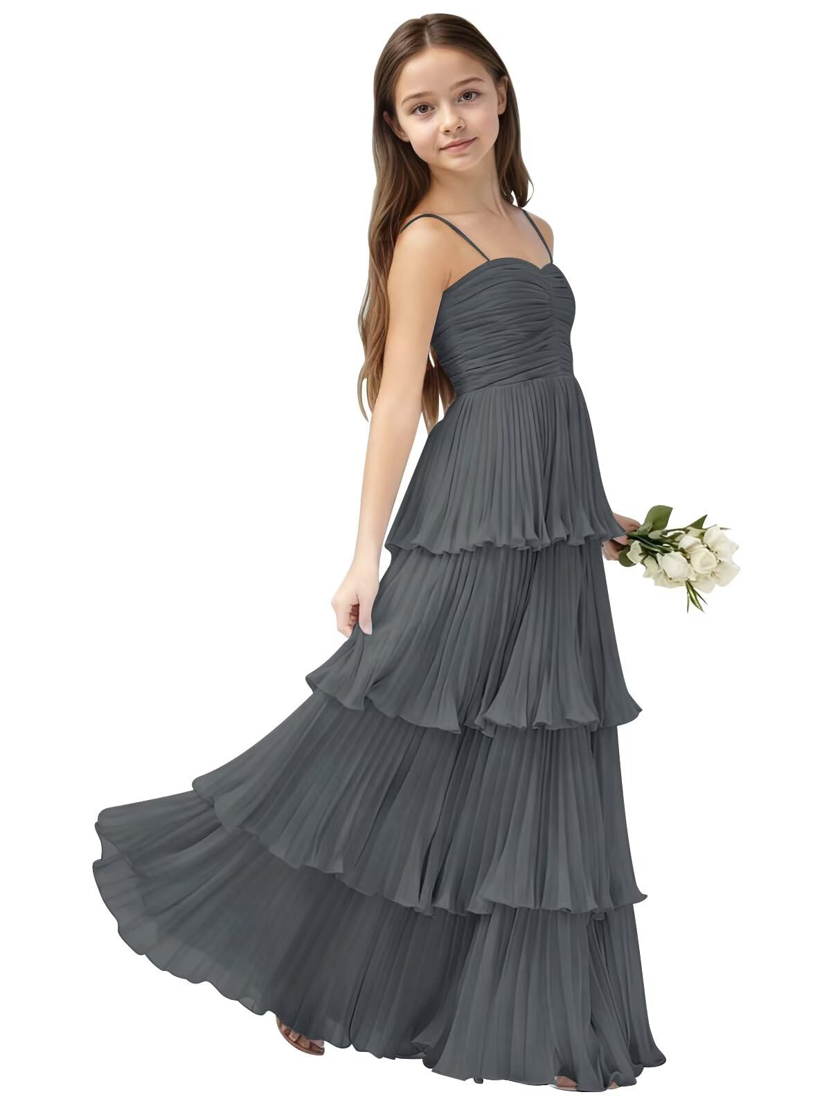 Chiffon Pleated Junior Bridesmaid Dress Princess Birthday Tiered Ruffle Prom Gown Wedding Long Flower Girl Dress
