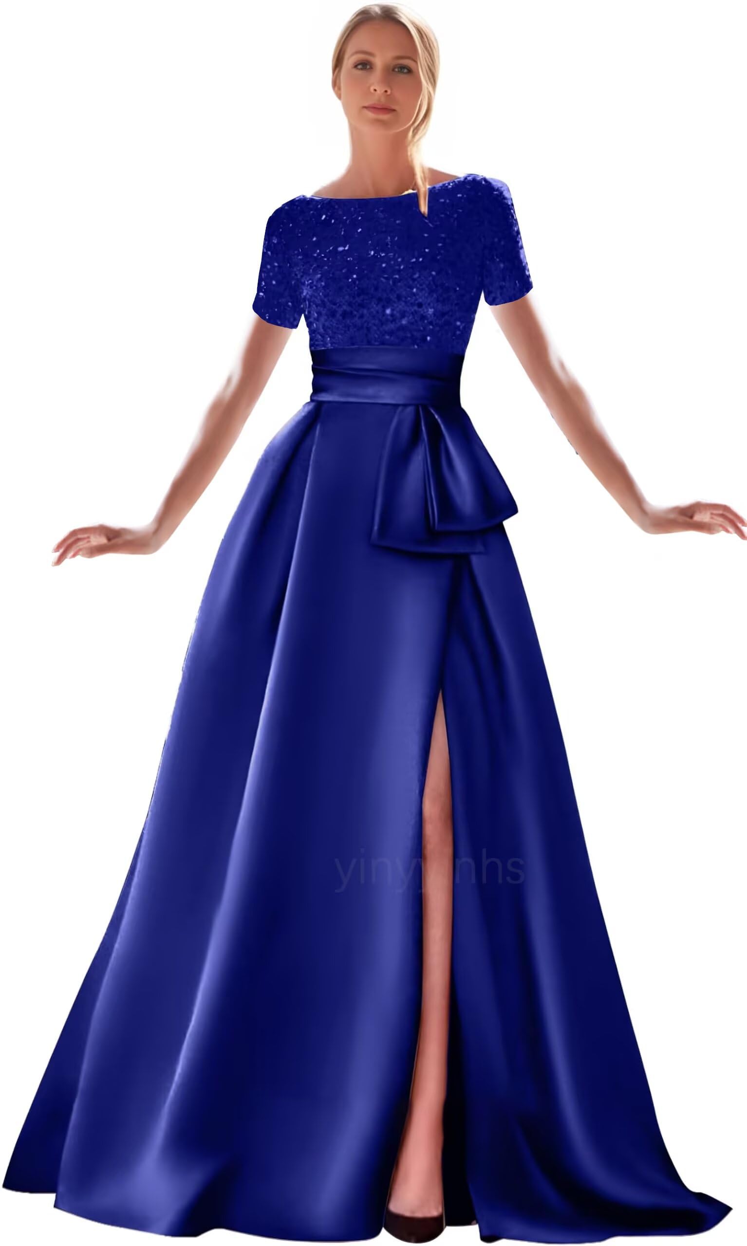 Kingbridal Gowns Short Sleeve Sequin Prom Dresses for Women 2026 Satin A-Line Sparkly Formal Evening Party Ball Gowns with Slit