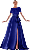 Kingbridal Gowns Short Sleeve Sequin Prom Dresses for Women 2026 Satin A-Line Sparkly Formal Evening Party Ball Gowns with Slit
