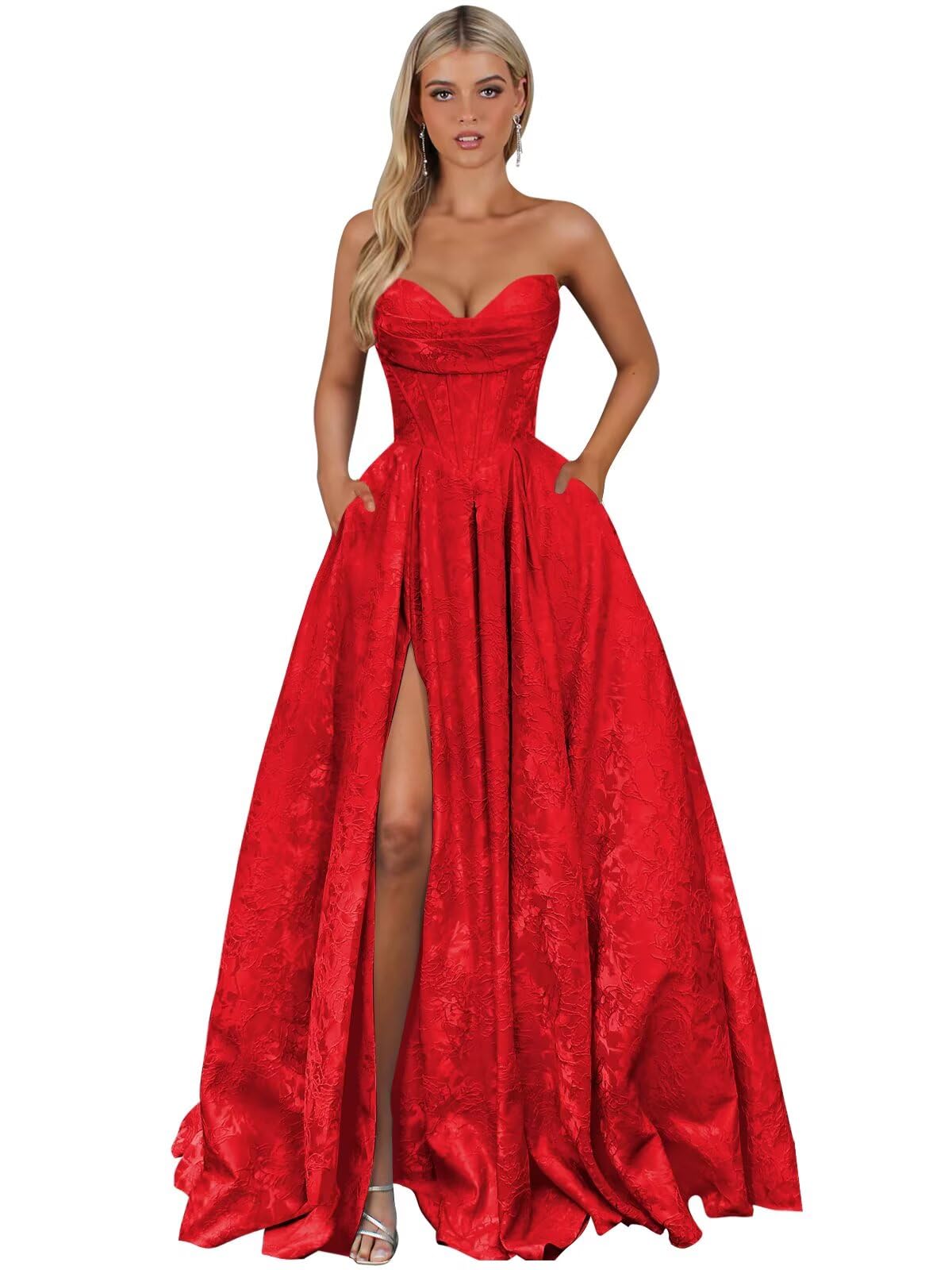 Strapless Jacquard Satin Prom Dresses for Women Corset A Line Long Formal Evening Party Gowns with Slit