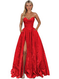 Strapless Jacquard Satin Prom Dresses for Women Corset A Line Long Formal Evening Party Gowns with Slit