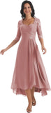 Women's Tea Length Mother of The Bride Dresses for Wedding Short Sleeves Lace Applique Formal Evening Prom Gowns