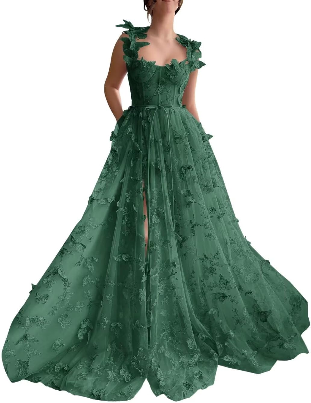 Vestidos de fiesta largos de tul con mariposas 3D para adolescentes, vestidos de fiesta formales de noche bordados con abertura 
