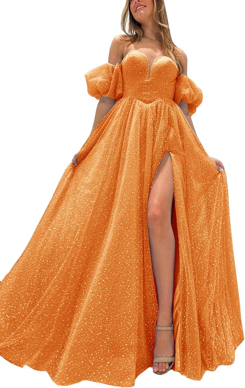 Tulle Prom Dresses for Women 2027 Sparkly Puffy Sleeves Long Ball Gowns with Slit A-Line Evening Dresses
