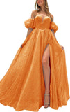 Tulle Prom Dresses for Women 2027 Sparkly Puffy Sleeves Long Ball Gowns with Slit A-Line Evening Dresses