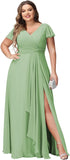 Vestidos de dama de honor de talla grande con mangas con volantes y bolsillos, vestido formal largo con escote en V y abertura. 