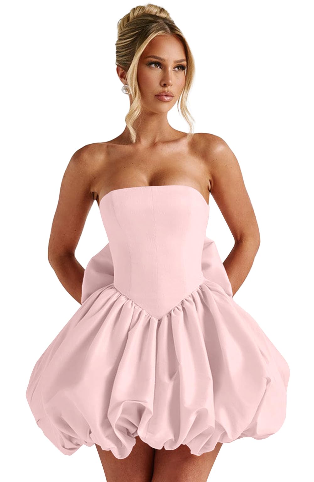Satin Flower Bud Homecoming Dress Short Prom Dress with Bow Strapless A Line Mini Cocktail Party Gown