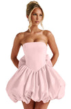 Satin Flower Bud Homecoming Dress Short Prom Dress with Bow Strapless A Line Mini Cocktail Party Gown