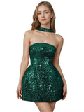 Strapless Sequin Homecoming Dresses for Teens Short Prom Dress Sparkly A-Line Cocktail Party Gowns with Pockets
