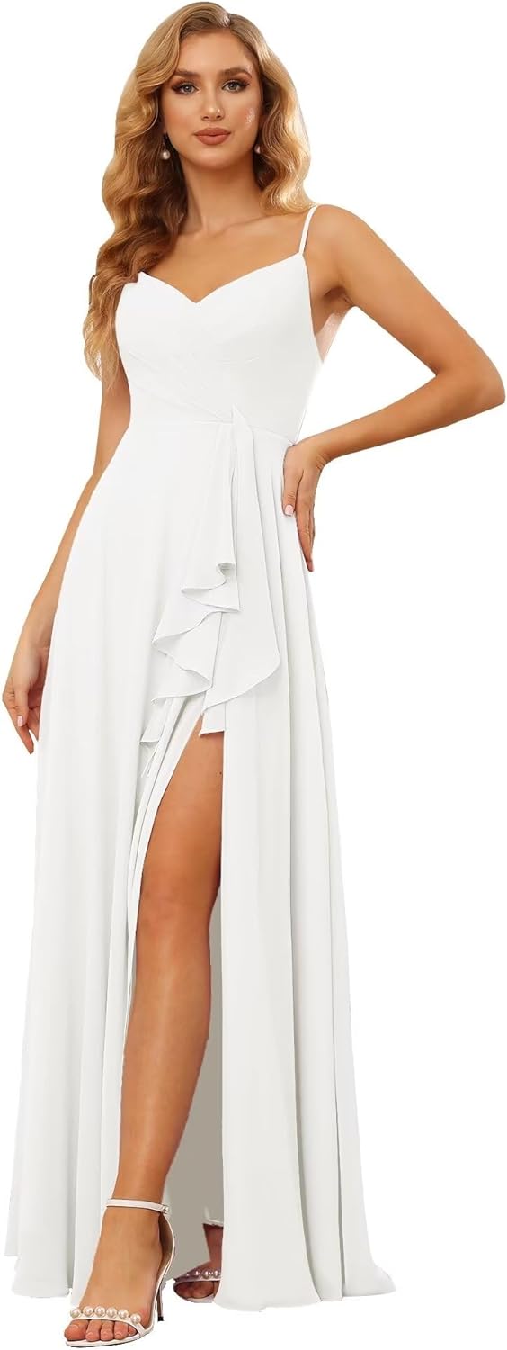 Vestidos de dama de honor largos de gasa con tirantes finos y bolsillos, vestidos formales con volantes y abertura para mujer 