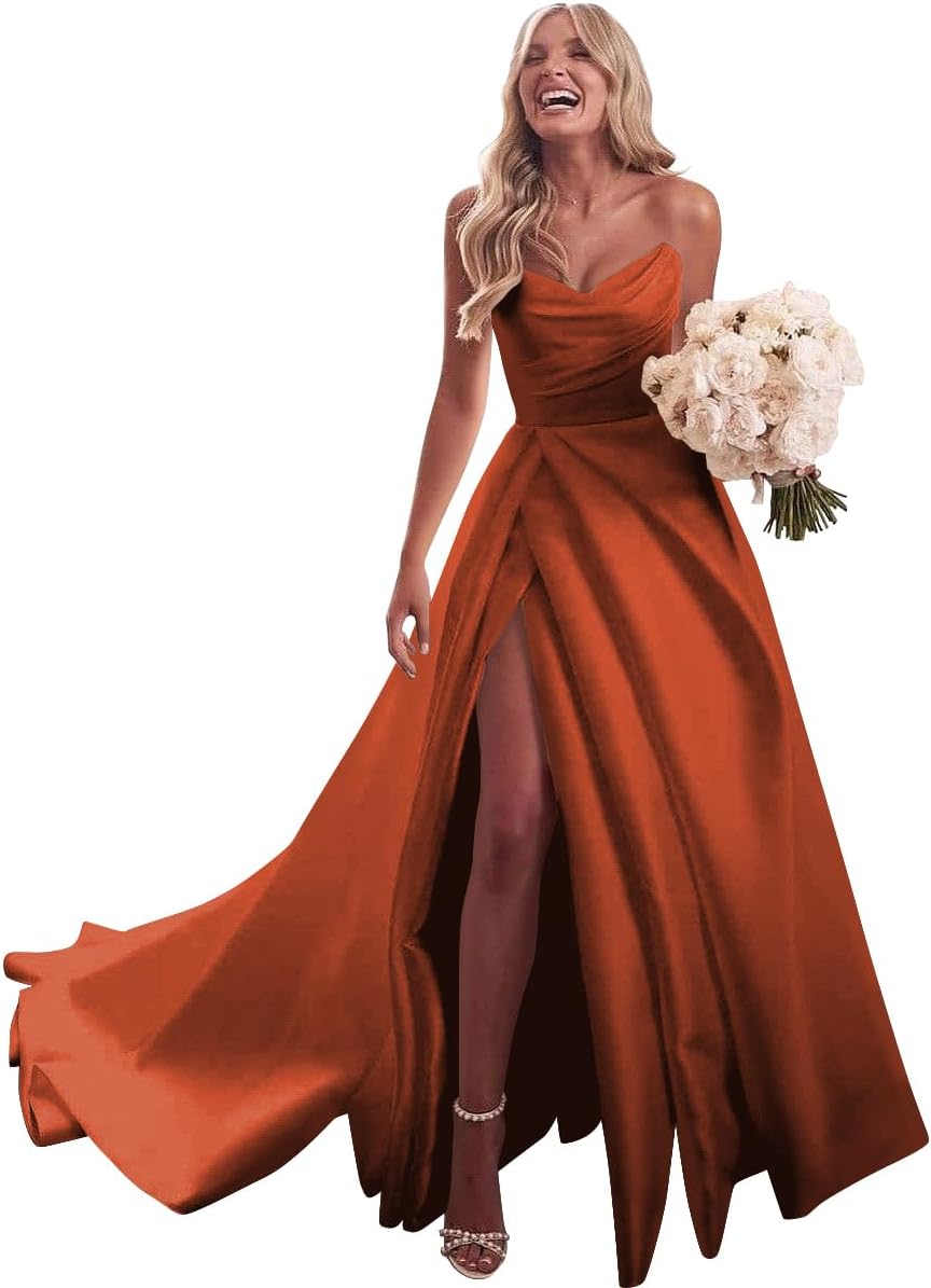 Strapless Satin Prom Wedding Dresses with Slit Long Pleats Formal Ball Bridal Gowns with Pockets