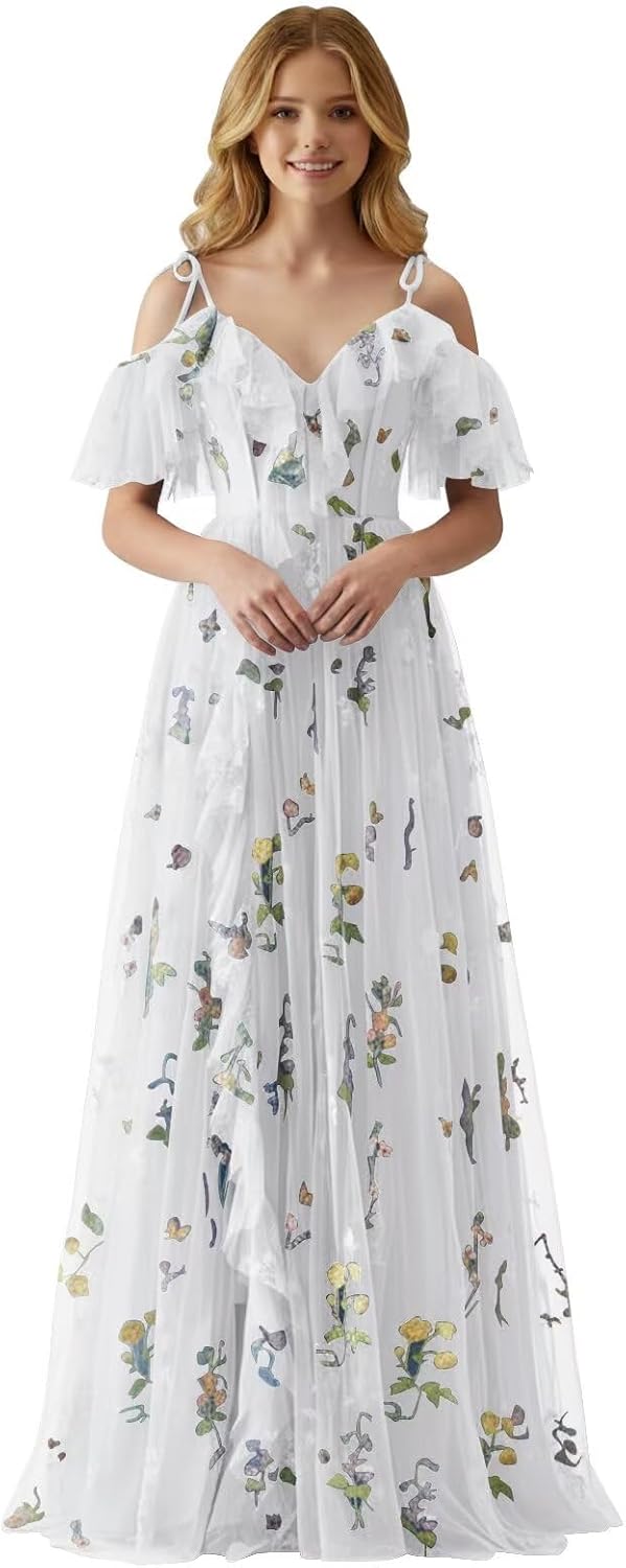 Fairy Tulle Junior Bridesmaid Dresses for Teen Girls Long Flower Embroidery Formal Prom Flower Girl Dress Gown with Slit