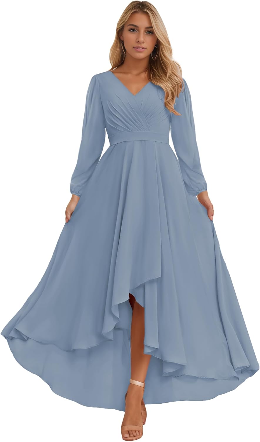 Long Sleeve Bridesmaid Dresses for Women 2025 V Neck Ruched Chiffon Formal Dress