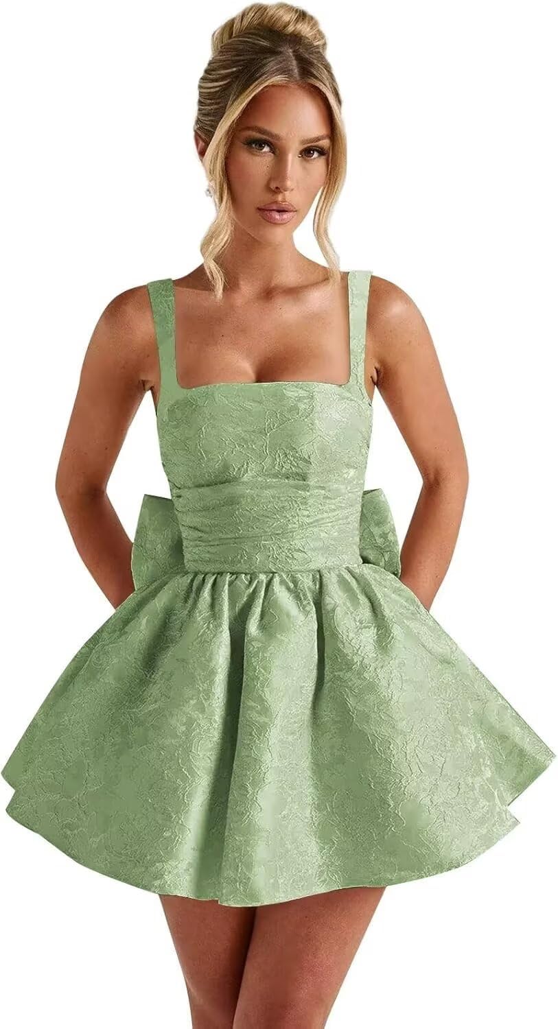 Jacquard Satin Homecoming Dresses for Teens Spaghetti Straps Short Prom Dress A-line Cocktail Party Gowns with Bow