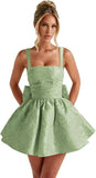 Jacquard Satin Homecoming Dresses for Teens Spaghetti Straps Short Prom Dress A-line Cocktail Party Gowns with Bow