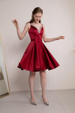 Spaghetti Straps Satin Homecoming Dresses for Teens V-Neck Short Prom Dress A-Line Beaded Cocktail Party Gowns