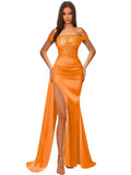 Off Shoulder Sequin Prom Dresses for Women 2027 Long Mermaid Tight Satin Formal Evening Party Dress with Slit
