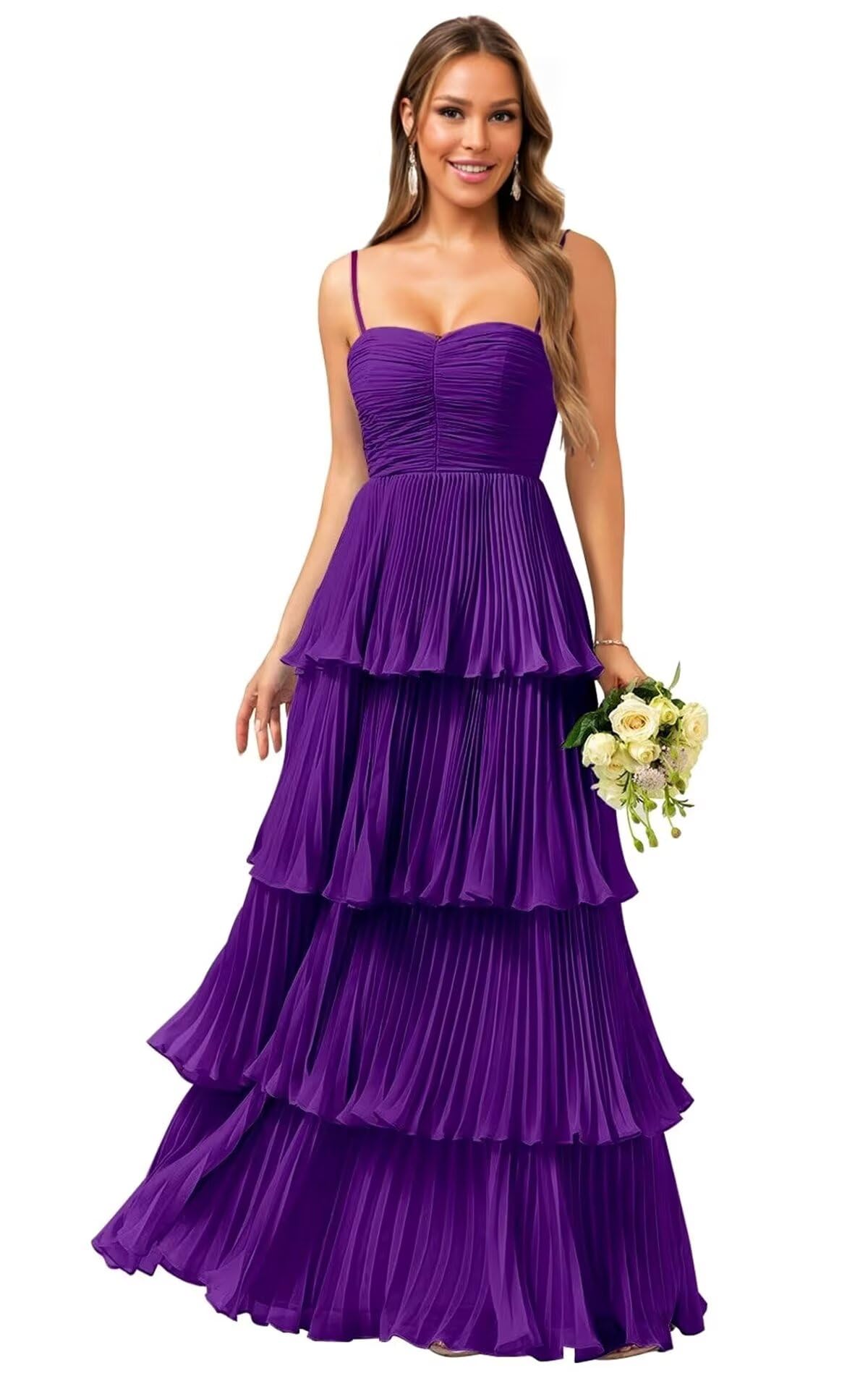 Tiered Ruffle Bridesmaid Dresses for Women Spaghetti Straps Long Chiffon Formal Evening Prom Gowns