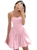 Satin Flower Bud Homecoming Dress Short Prom Dress Cowl Neck Pleated A Line Mini Cocktail Party Gown