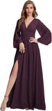 Womens V-Neck Long Sleeve Bridesmaid Dresses with Slit 2024 Ruched A-line Chiffon Prom Formal Dresses