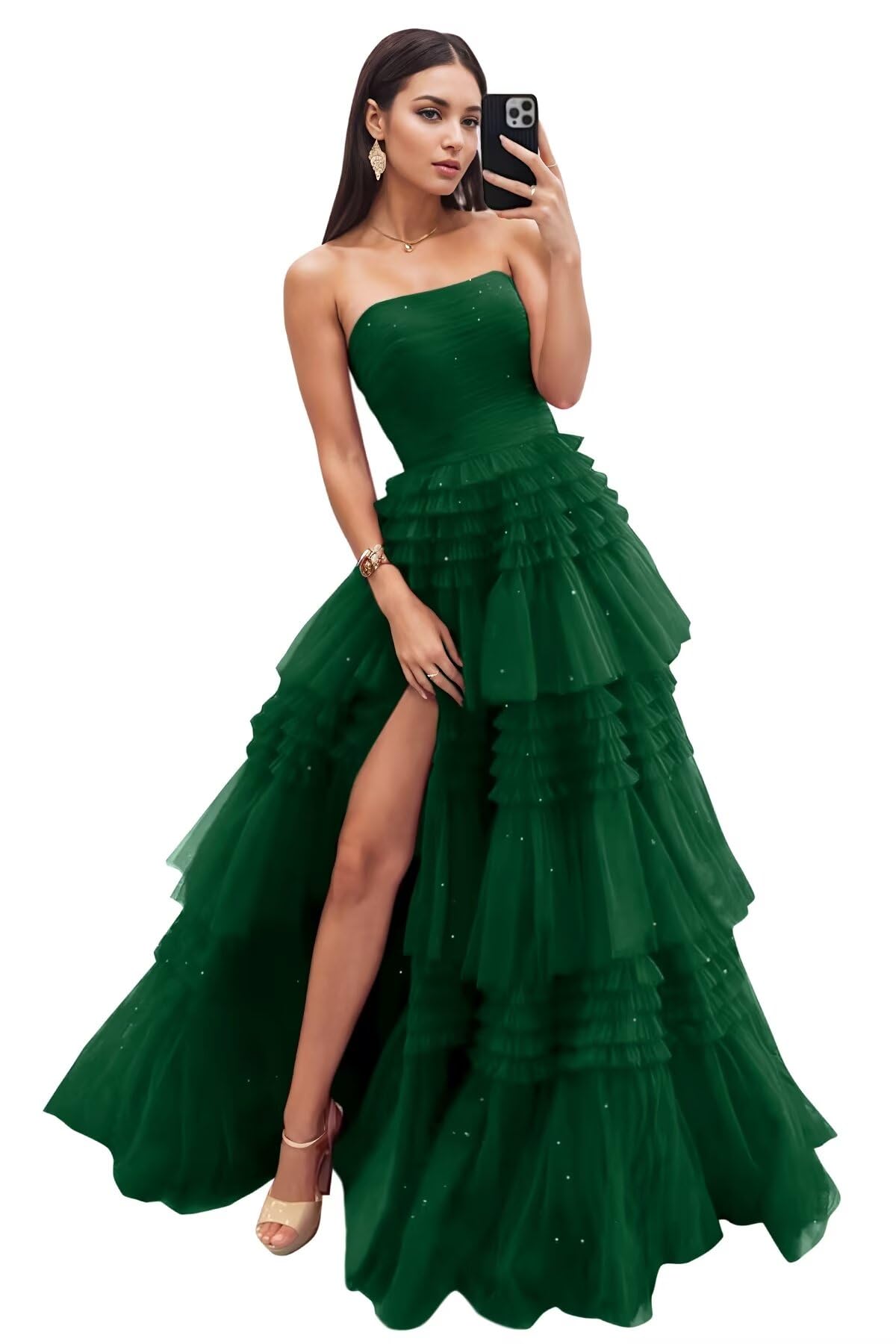 Strapless Tiered Tulle Prom Dresses for Women 2027 Long Sparkly A-Line Formal Evening Party Ball Gowns with Slit