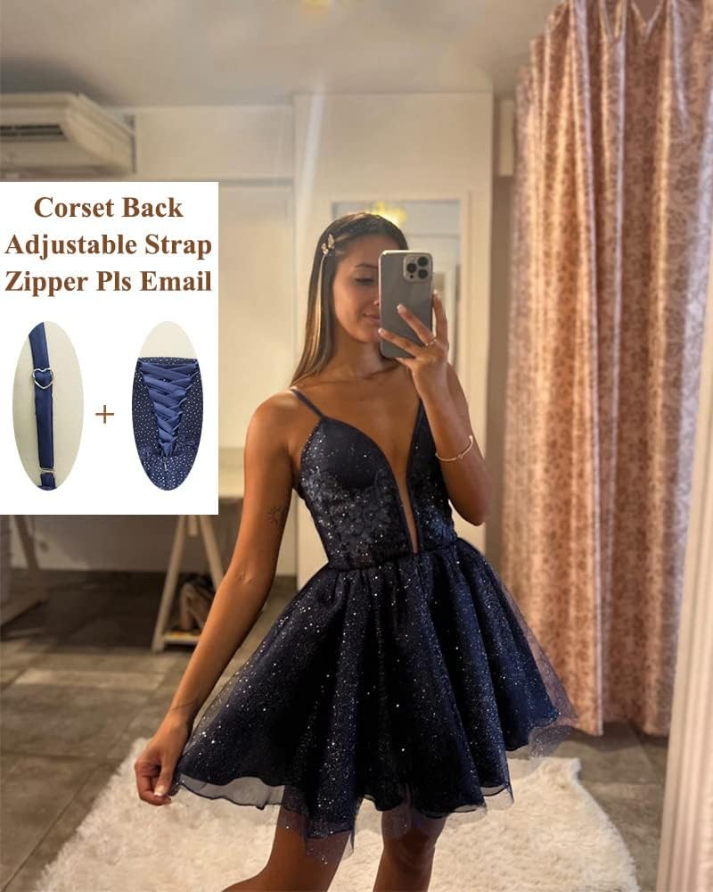Glitter Tulle Homecoming Dresses for Teens Spaghetti V Neck Short Prom Dresses A Line Mini Cocktail Party Gowns