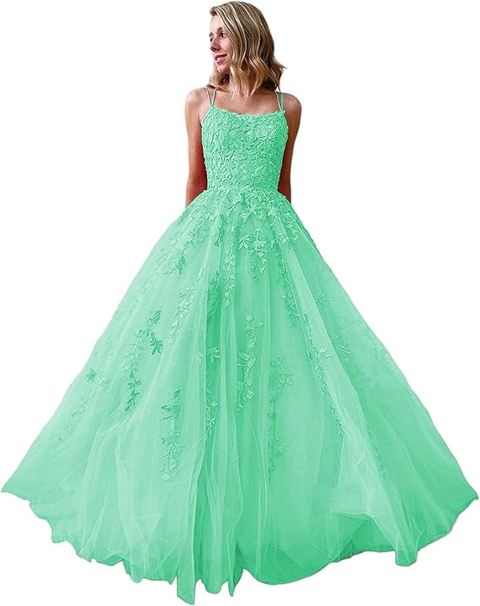 Ballkleider, langes Ballkleid für Damen, Spaghettiträger, Tüll, A-Linie, sexy, rückenfrei, formelle Partykleider mit Taschen 