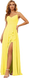 Vestidos de dama de honor largos de gasa con tirantes finos y bolsillos, vestidos formales con volantes y abertura para mujer 