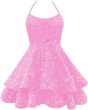 Sparkly Sequin Homecoming Dresses 2026 Spaghetti Straps Tiered Prom Dresses for Teens Short Cocktail Party Gowns