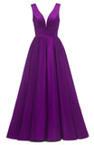 Glitter Satin Prom Dresses for Women Long V Neck A-Line Pleated Formal Evening Party Gowns with Pockets