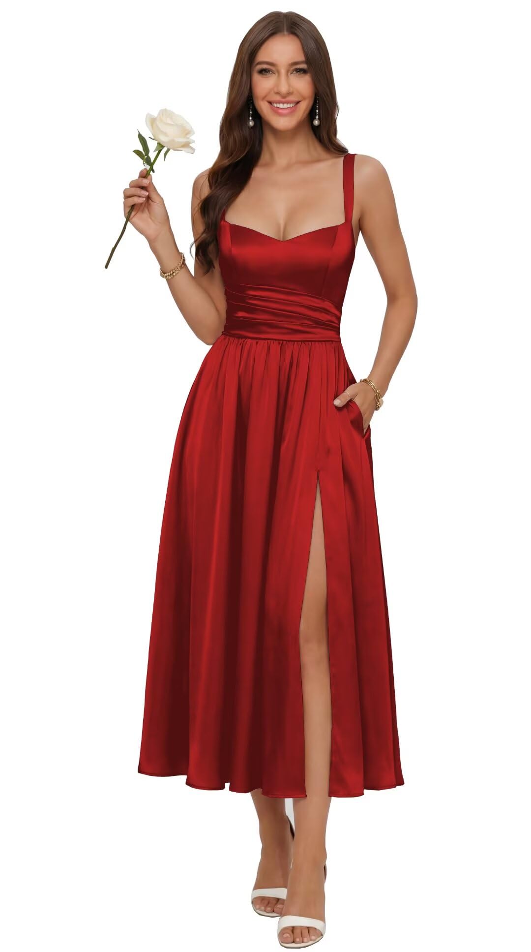 Jacquard Satin Bridesmaid Dresses for Women Spaghetti Straps A Line Tea Length Formal Dress