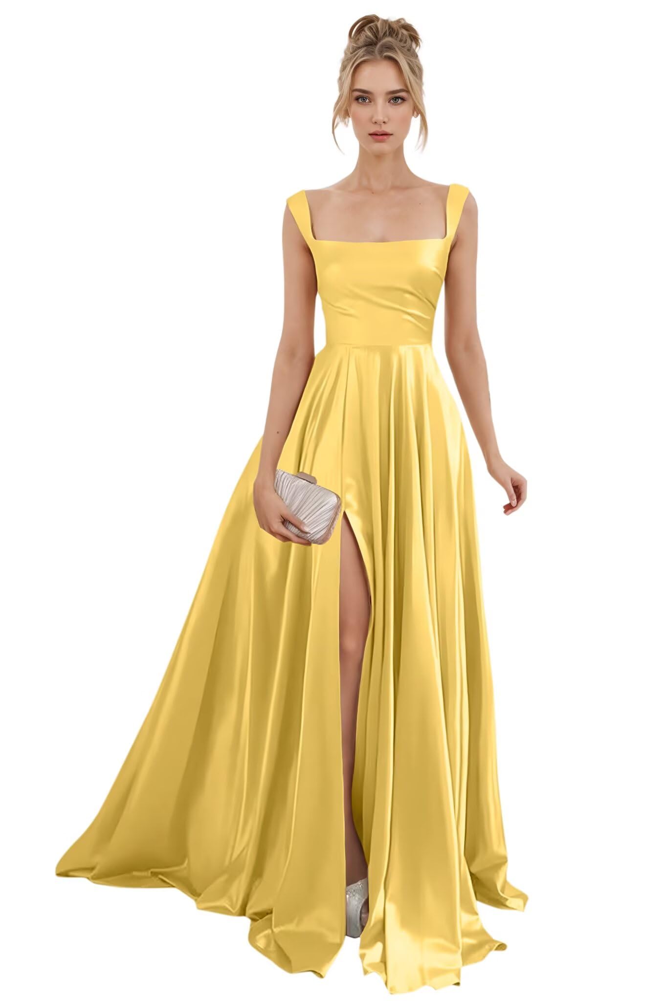Spaghetti Straps Satin Bridesmaid Dresses for Women Long A-Line Square Neck Formal Evening Party Gown with Slit