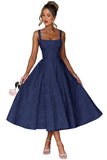 Floral Satin Jacquard Prom Dresses 2026 A-Line Tea Length Midi Square Neck Evening Party Gown with Pockets for Women