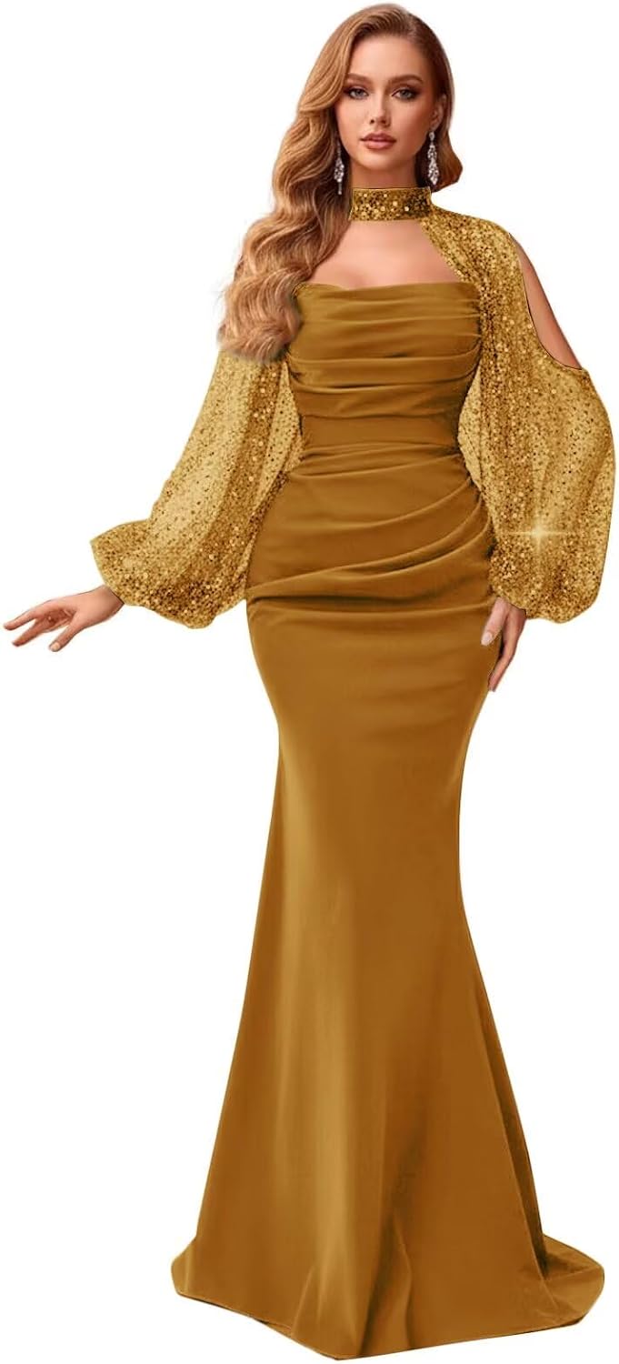 Kingbridal Gowns Long Sleeve Prom Dresses 2026 Mermaid Satin Formal Dress for Women Sparkly Sequin Halter Neck Evening Party Gowns