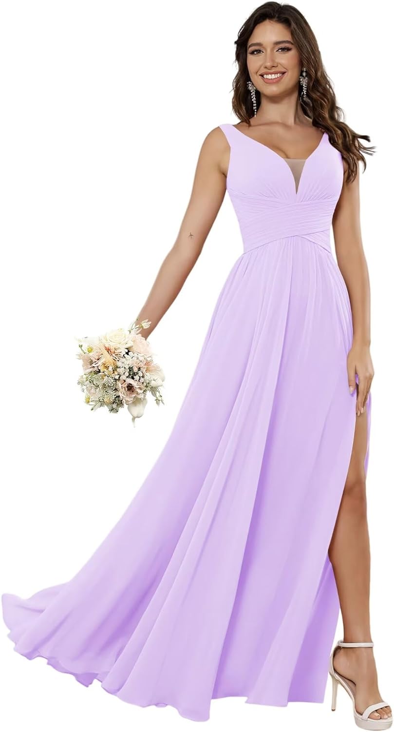 Vestidos de dama de honor sencillos de gasa para mujer con bolsillos, vestidos formales largos con escote en V y abertura 